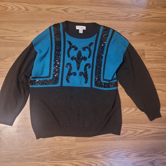 Vintage Teal and Black Sequin Sweater - Picture 6 of 9